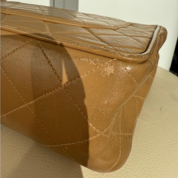 Authentic CHANEL Caramel Beige Leather 24kt Gold Hardware Jumbo Flap Bag RARE! - Picture 9 of 11